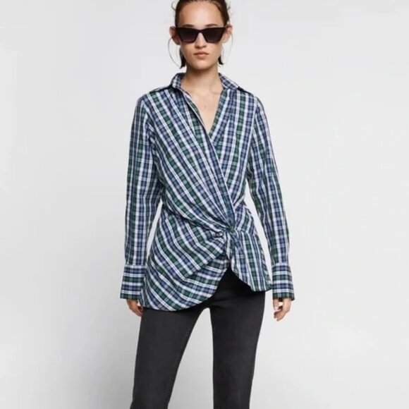 ZARA SZ L Blue & Green Plaid Cross-over 100% Cotton Twist Front Shirt Tunic Top - Picture 1 of 11